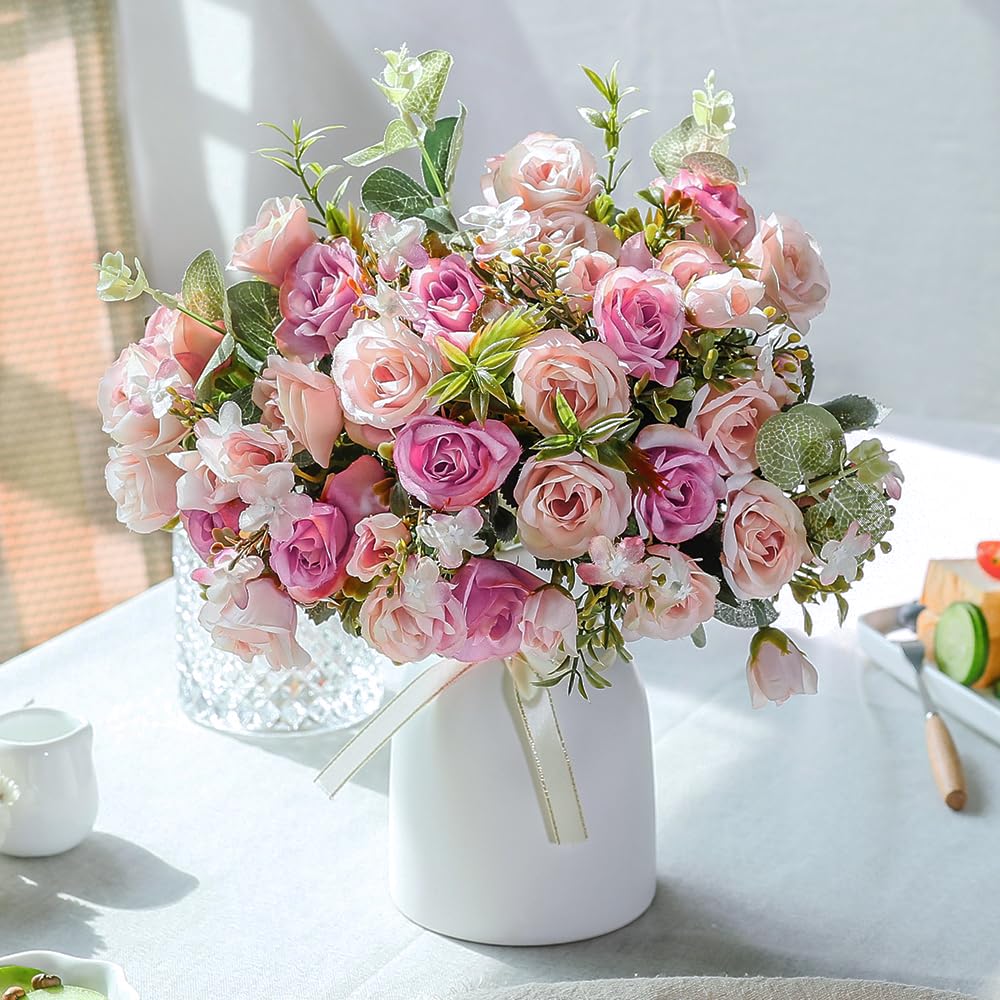 LESING Artificial Silk Rose with Vase Fake Flowers Wedding Flowers Bouquets Arrangement Ho