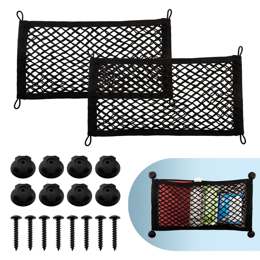 VEHIRIE 2Pcs Car Storage Net, Double Layer Mesh Pocket, Elastic Cargo Net, Boot Storage Ba