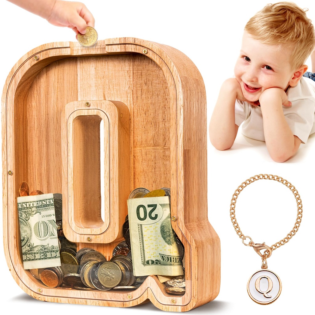 SummiDate Wooden Letter Money Box for Kids, Personalised Piggy Bank for Boys Girls Toddler