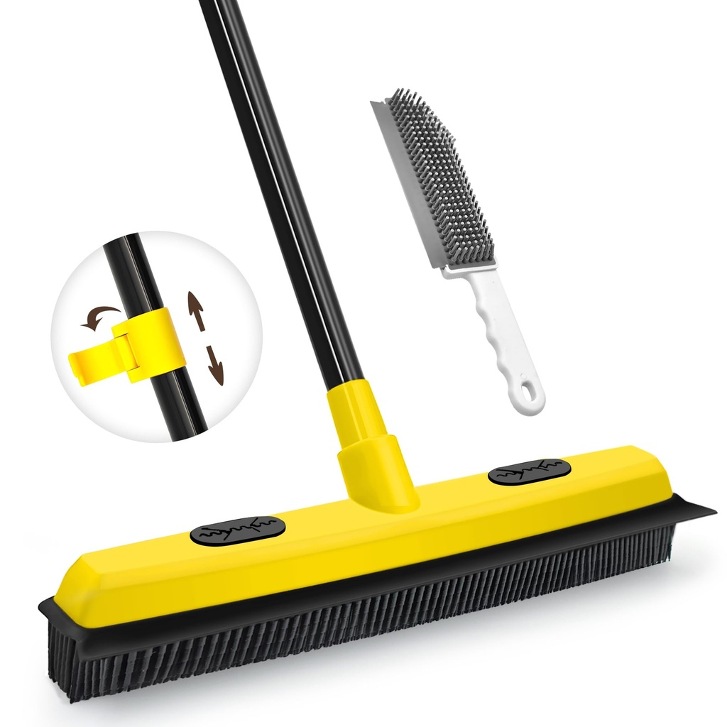 JEHONN Rubber Broom with Squeegee, Pet Hair Remover 134CM Long Handle, Push Fur Removal Tool
