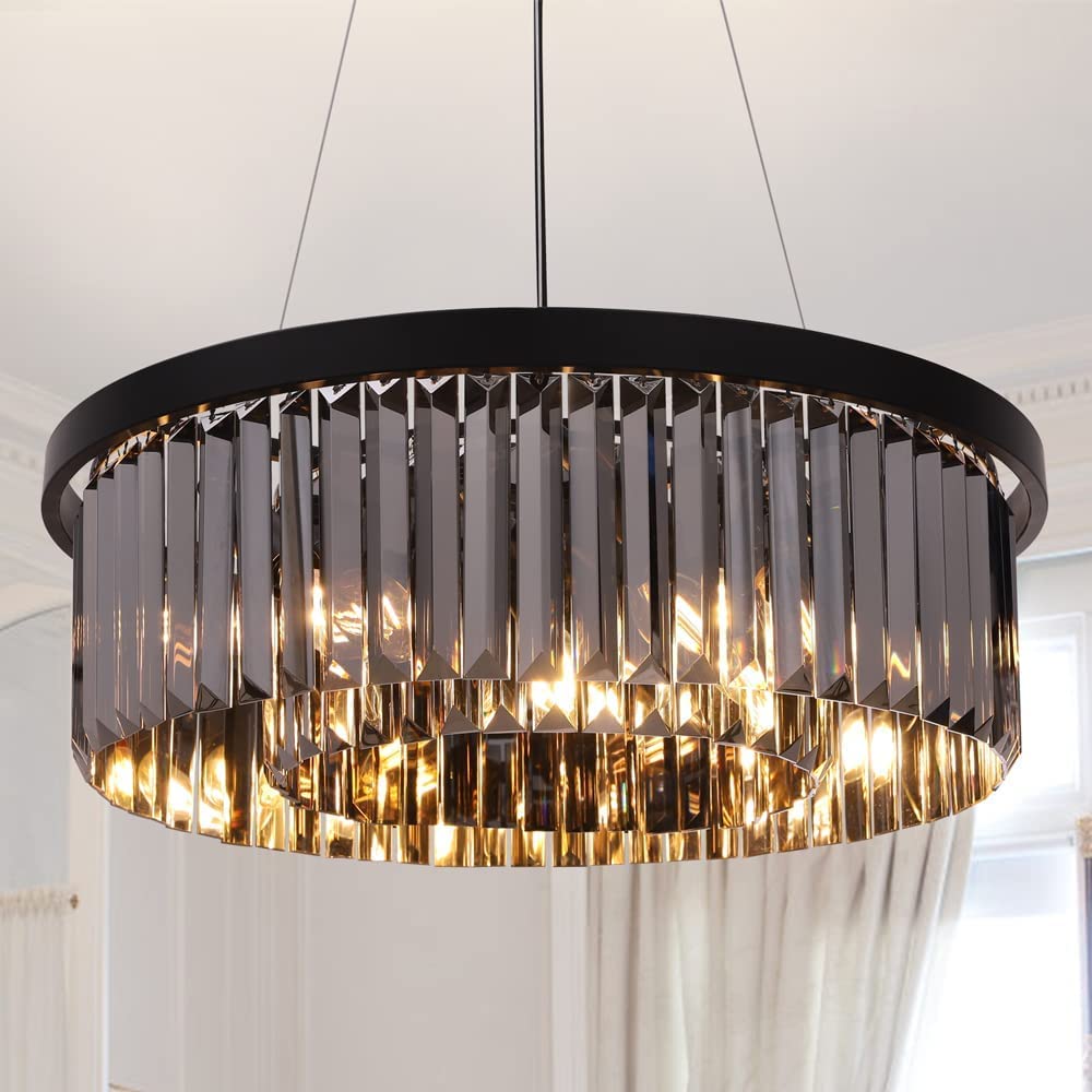 Wellmet Black-Crystal Chandelier for Foyer Dining Room, 6 Lights Modern Crystal Pendant Light