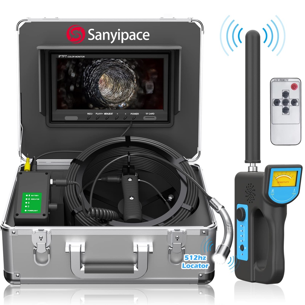 Sewer Pipe Camera with 512hz Locator, 30M Drain Inspection Camera with Self-Leveling 9" Drainage Endoscope 