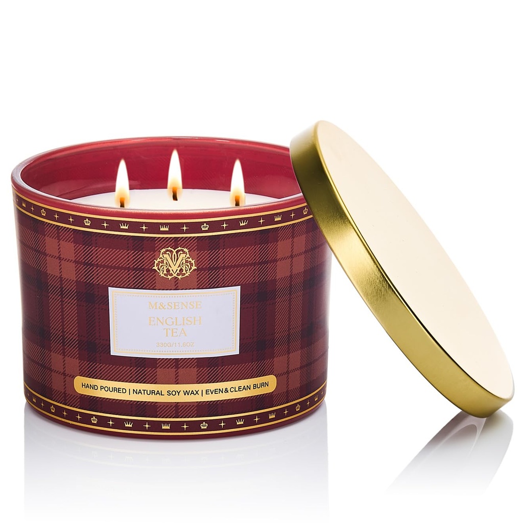 M&SENSE Christmas Scented Candles 330g English Tea 65H Long Burning Time, Natural Soy Wax 
