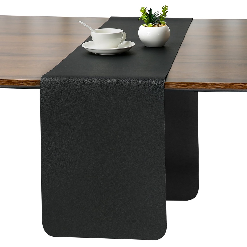 Myir JUN Table Runner, Table Runner Modern Washable Desk Mat Double Sided Faux Leather Desk (Black)