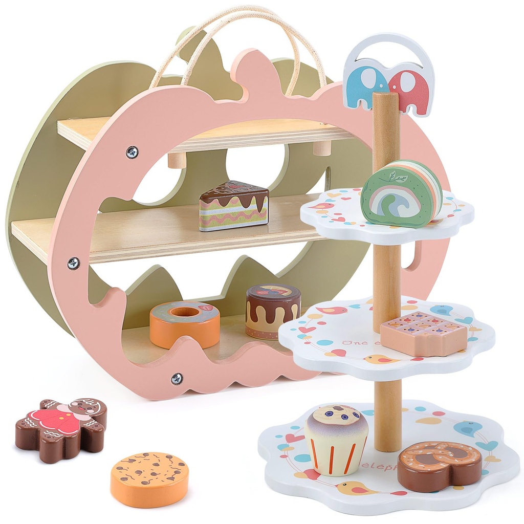 CUTE STONE Wooden Toy Tea Party Set, Kids Dessert Playset with Double-Sided Holiday Stand