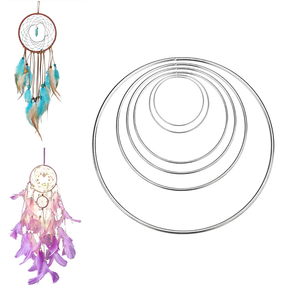 EMAGEREN 24 Pcs Metal Rings Hoops, 6 Size Dream Catcher Hoop Silver Dream Catcher Ring Macr