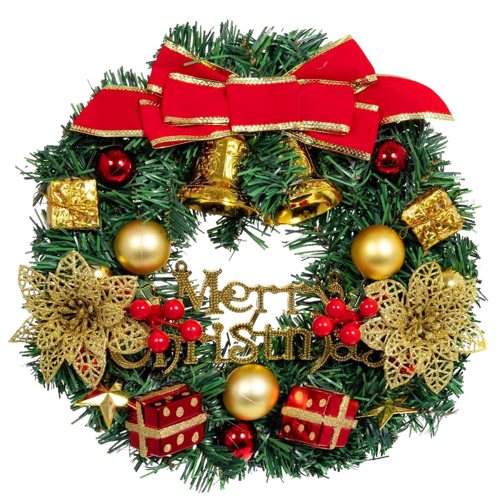30cm Christmas Wreath for Front Door Artificial Golden Xmas Wreath with Xmas Baubles, Flowe