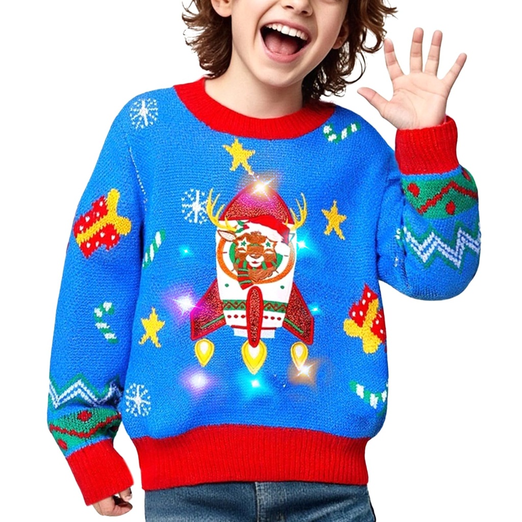 MELAND Christmas Jumper Kids, Blue Rocket Reindeer Light up Christmas Jumper for Girls Boys