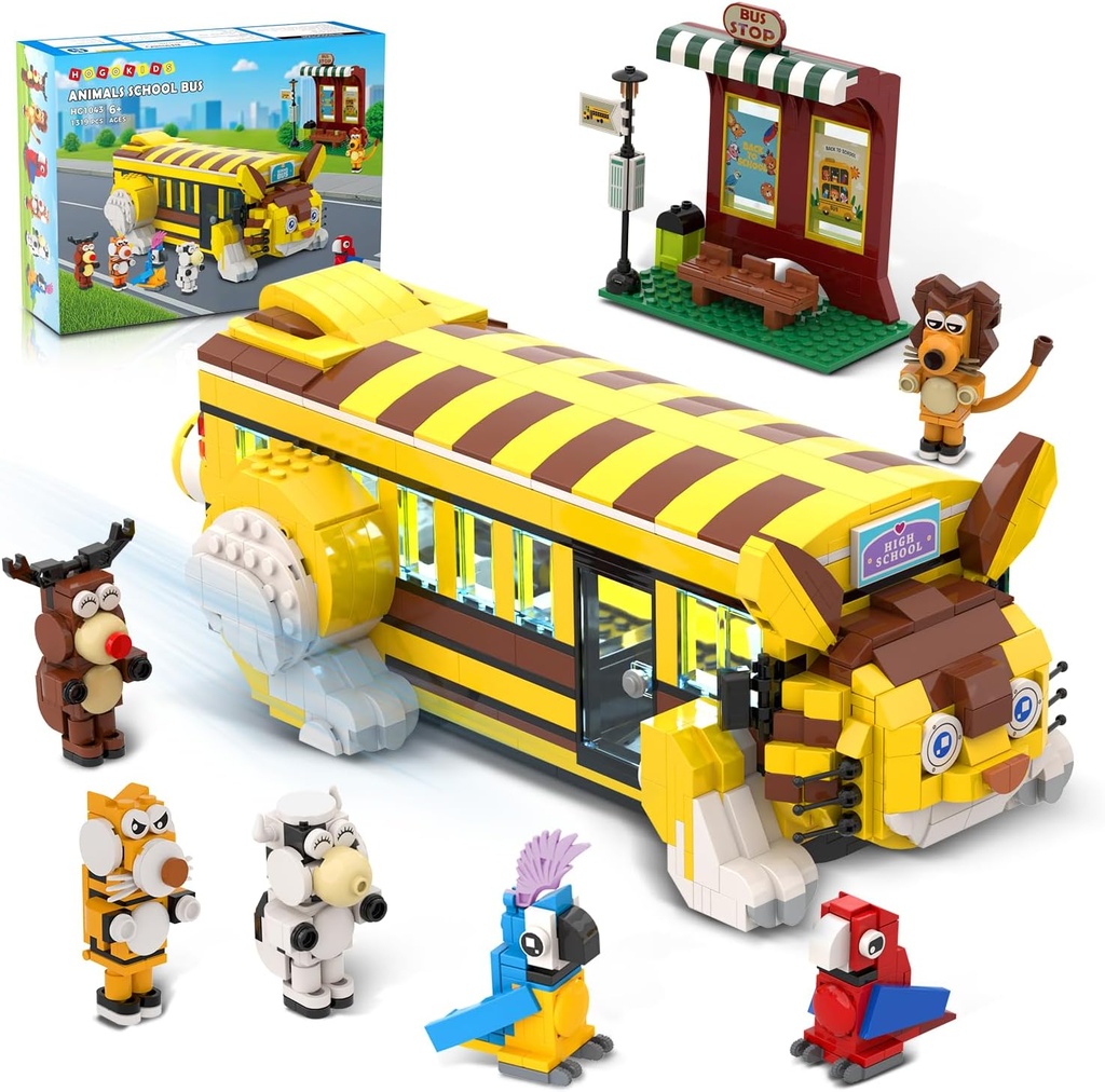 HOGOKIDS Cat School Bus Building Set with Light - 1319PCS City Bus Adventure Building Toy 