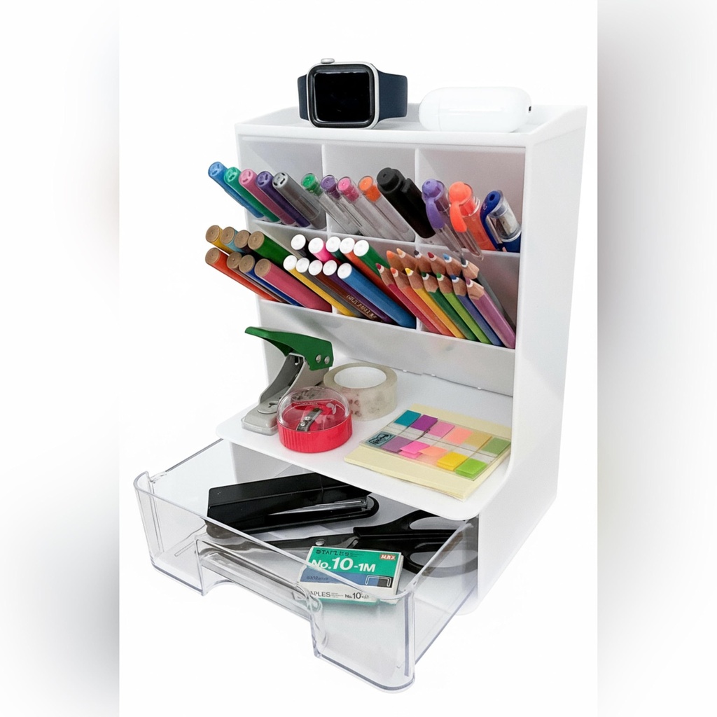 ADVEXGP White Desk Organiser with Clear Drawer - Minimalist Pen Holder & Desk Tidy