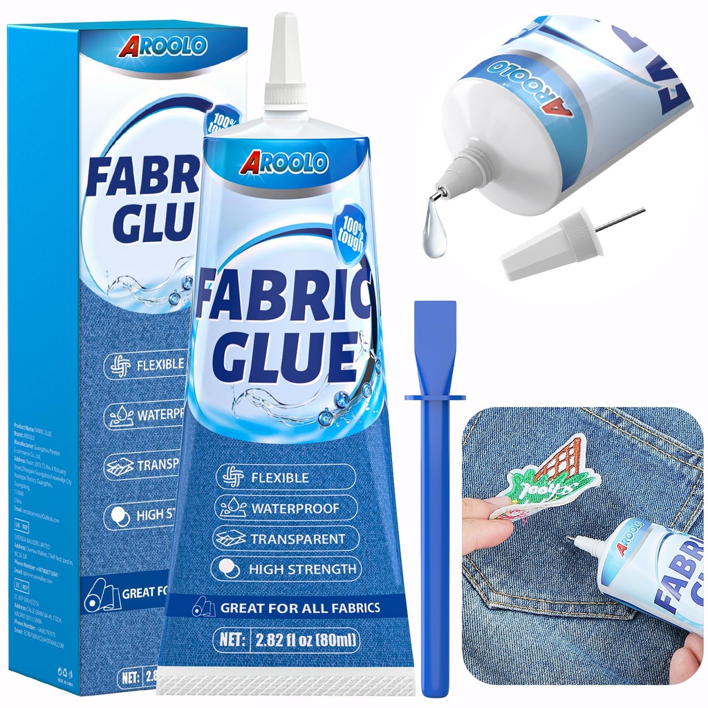 AROOLO 80ml Fabric Glue, Heavy Duty Permanent Washable Adhesive for Clothes & Patches