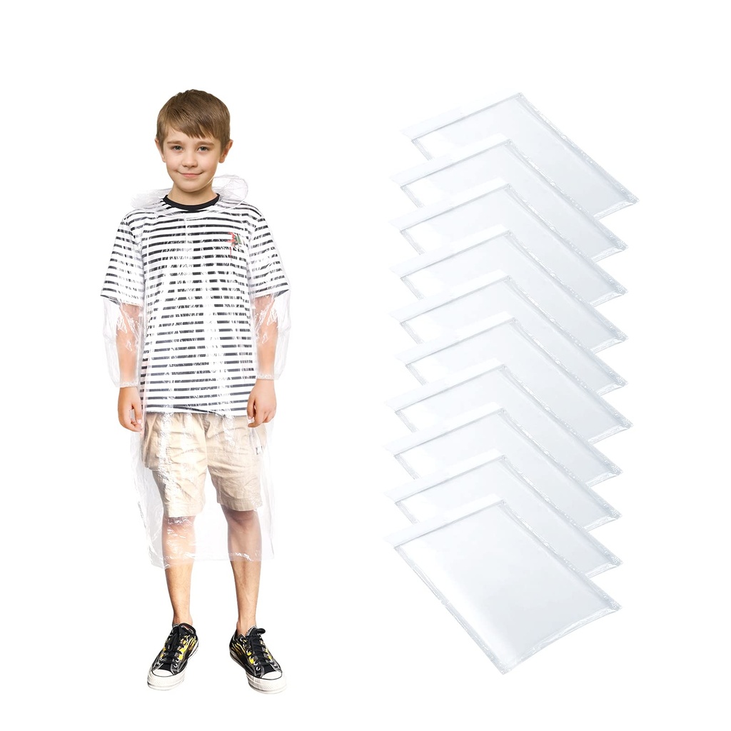 QSWY Disposable Rain Ponchos Kids (10 Pack), Transparent Waterproof with Hoods and Sleeves