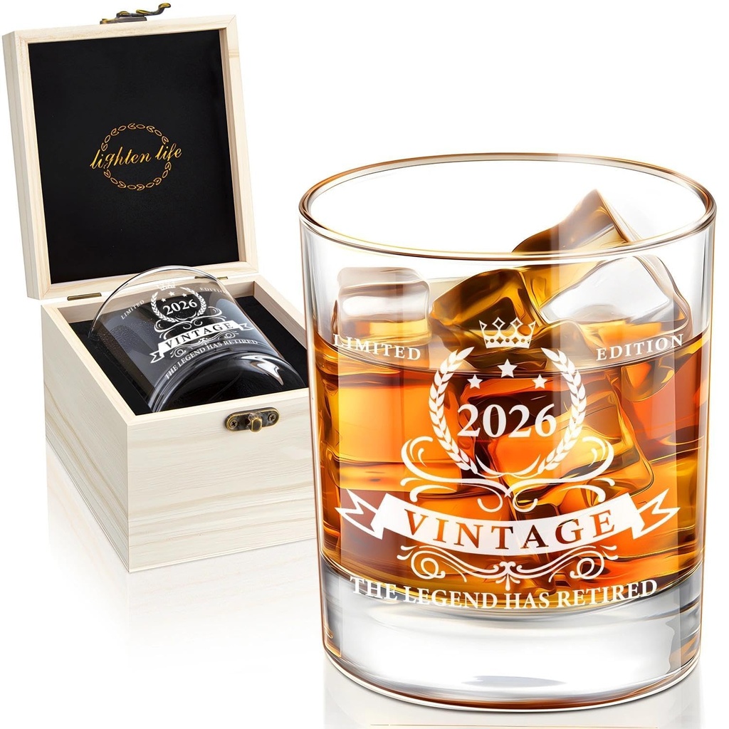 LIGHTEN LIFE 2026 Retirement Gifts for Men 340ml,Retirement Whiskey Glass in Valued Wooden