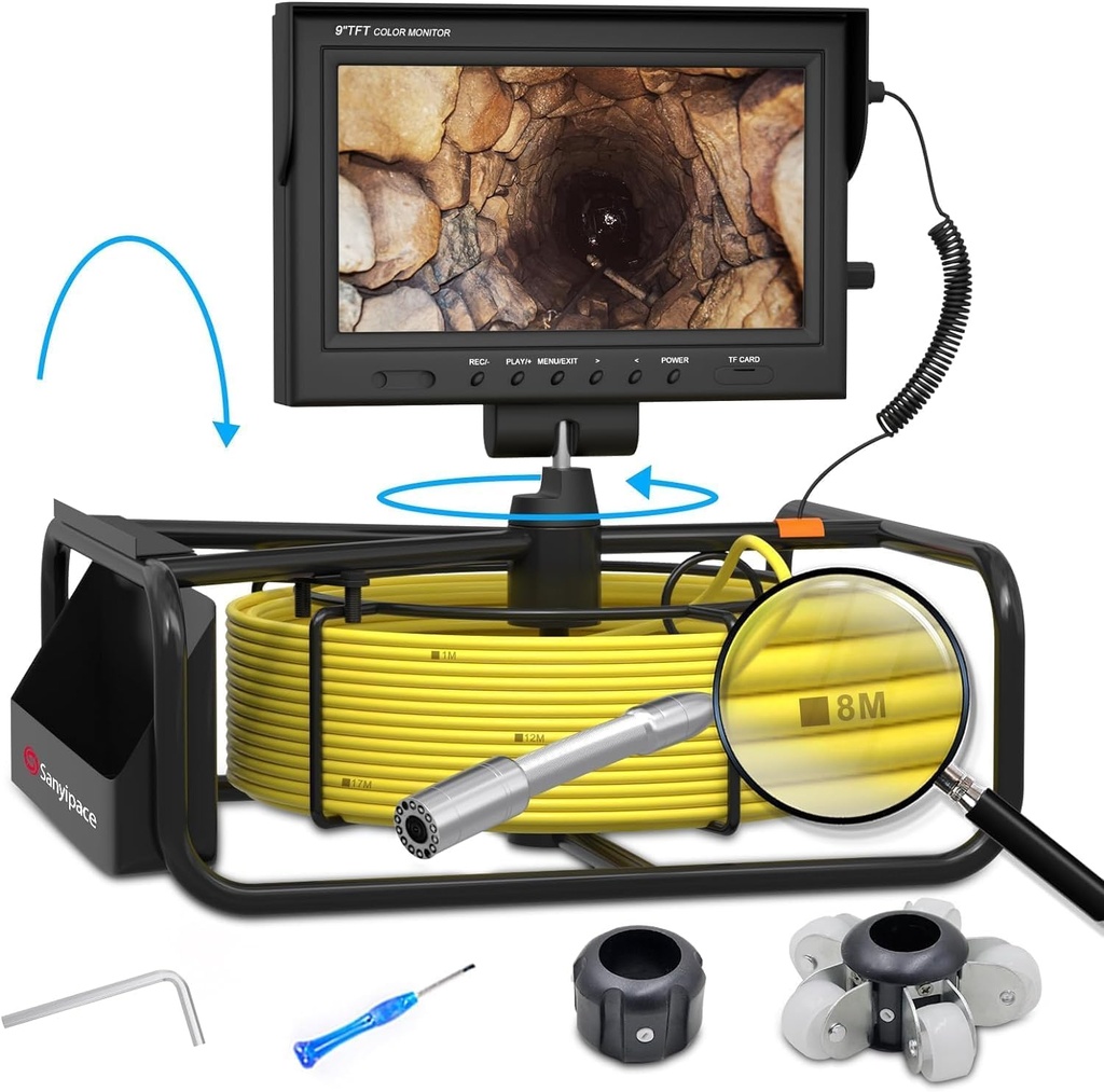 50M Pipe Camera with DVR, 9" Screen Drain Inspection Camera with Meter Markings on Cable