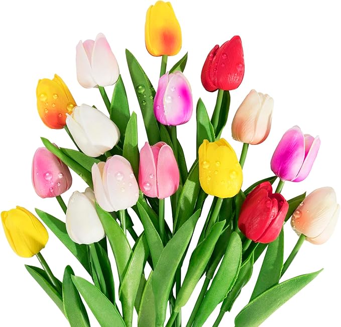 SMALUCK 16 Pcs Artificial Tulips Flowers Fake Flowers Latex Tulips Real Touch for Party Home