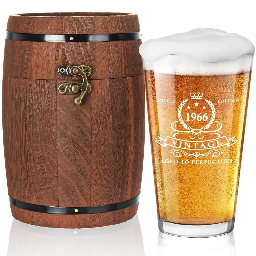 LIGHTEN LIFE 60th Birthday Gifts for Men 450ml,1965 Beer Glass in Barrel Box,Birthday Beer