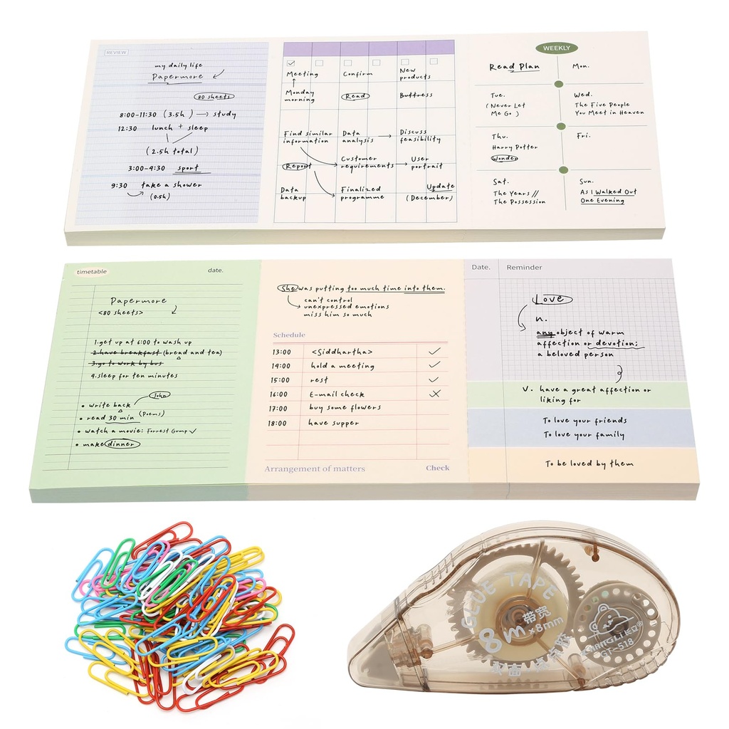 Post It Notes, 2 Pack Sticky Notes Record Cards with Glue Tape Roller and Paper Clips, Scho