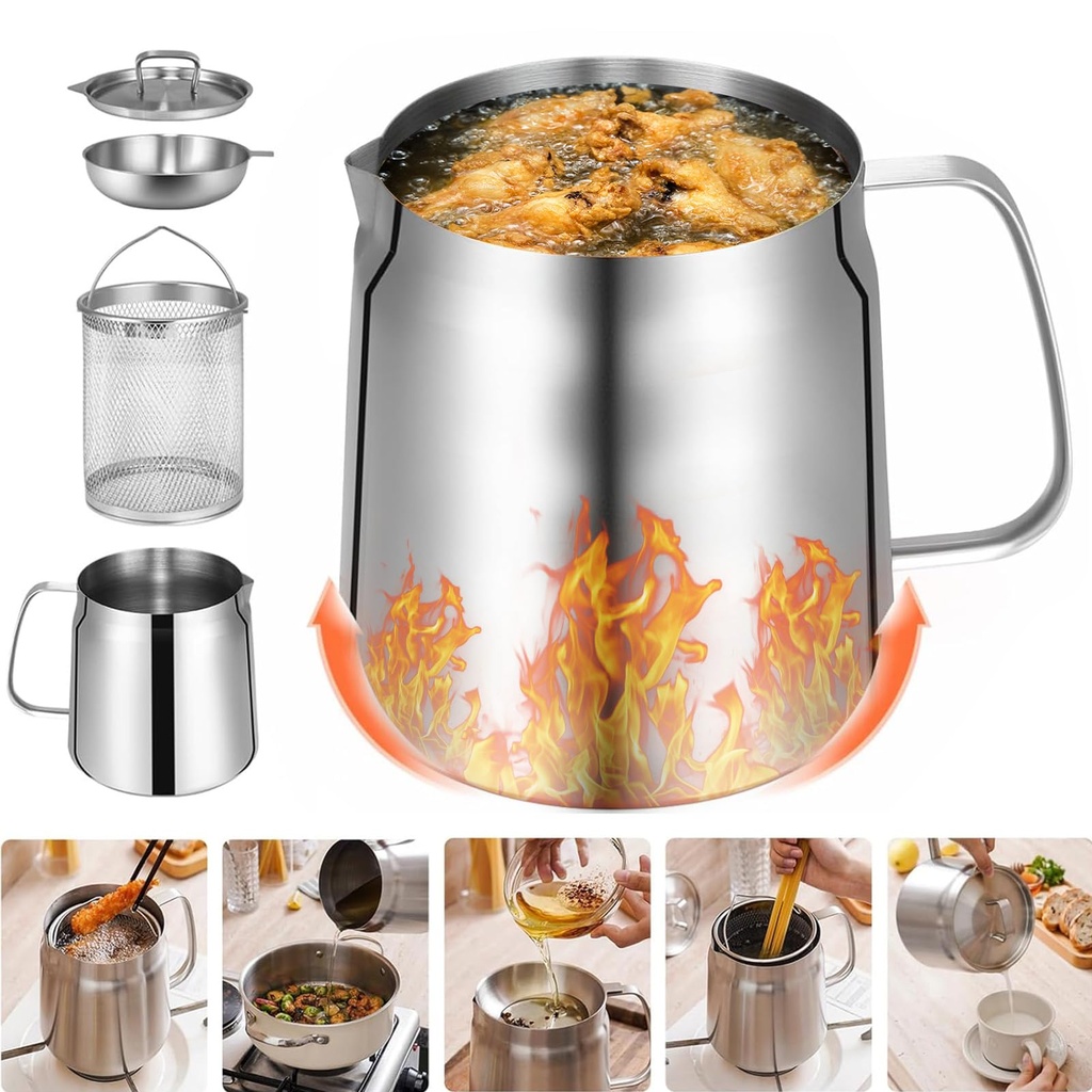 68oz 304 Stainless Steel Oil Strainer Pot with Filter Basket, Mesh and Lid, 2L Large Capacity