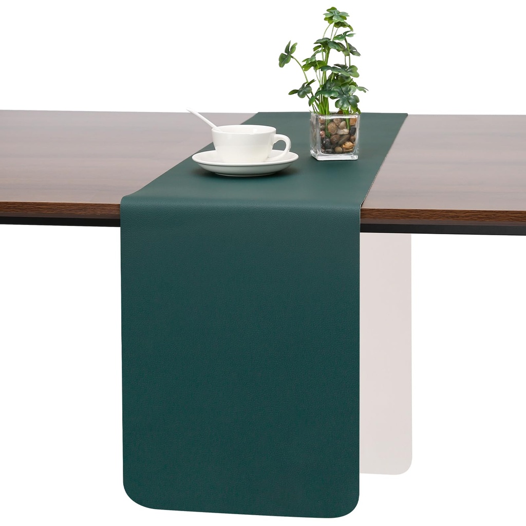 Myir JUN Table Runner, Table Runner Modern Washable Desk Mat Double Sided Faux Leather Desk (Beige Green)