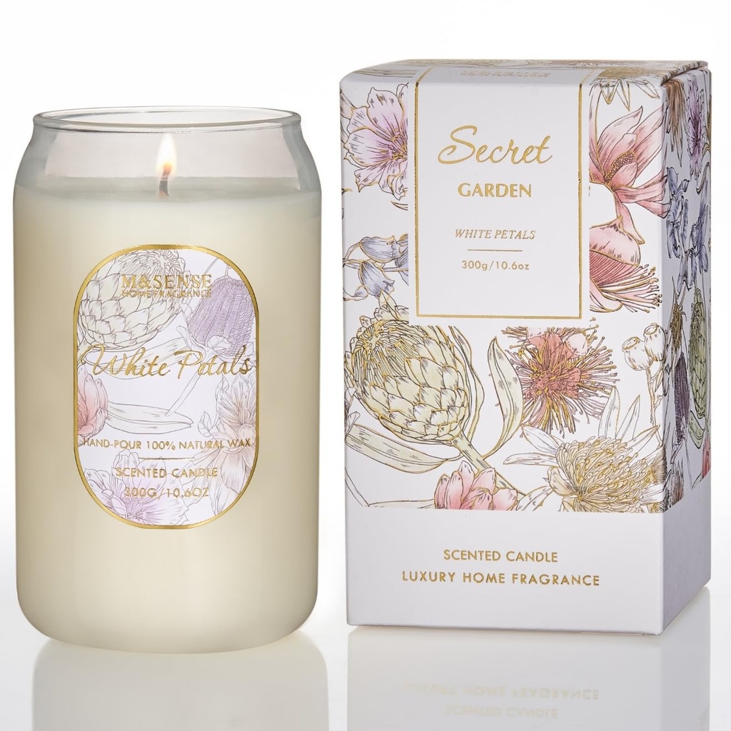M&SENSE 300g Soy Scented Candles White Petals - 60 Hours Long Burning, Non-Toxic Glass Jar