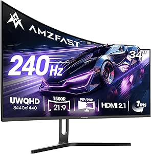 Amzfast 34-Inch Curved Ultrawide Gaming Monitor - UWQHD (3440x1440), 240Hz, 1ms MPRT, 1500R