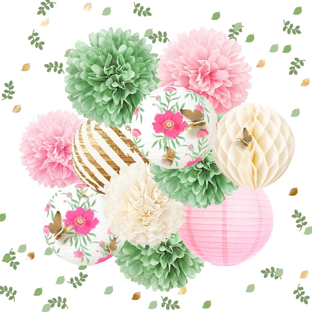 NICROLANDEE 12PCS Green Pink Blooms Tissue Pom Poms Paper Lanterns 3D Gold Confetti 50G for
