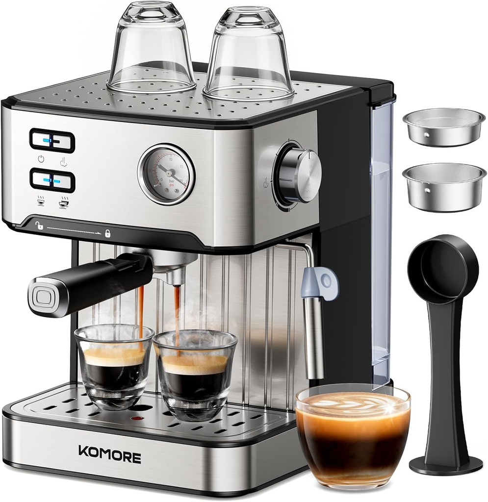 KOMORE Espresso Machine 20 Bar Stainless Steel Coffee Maker 1.6L Removable Water Tank Warm