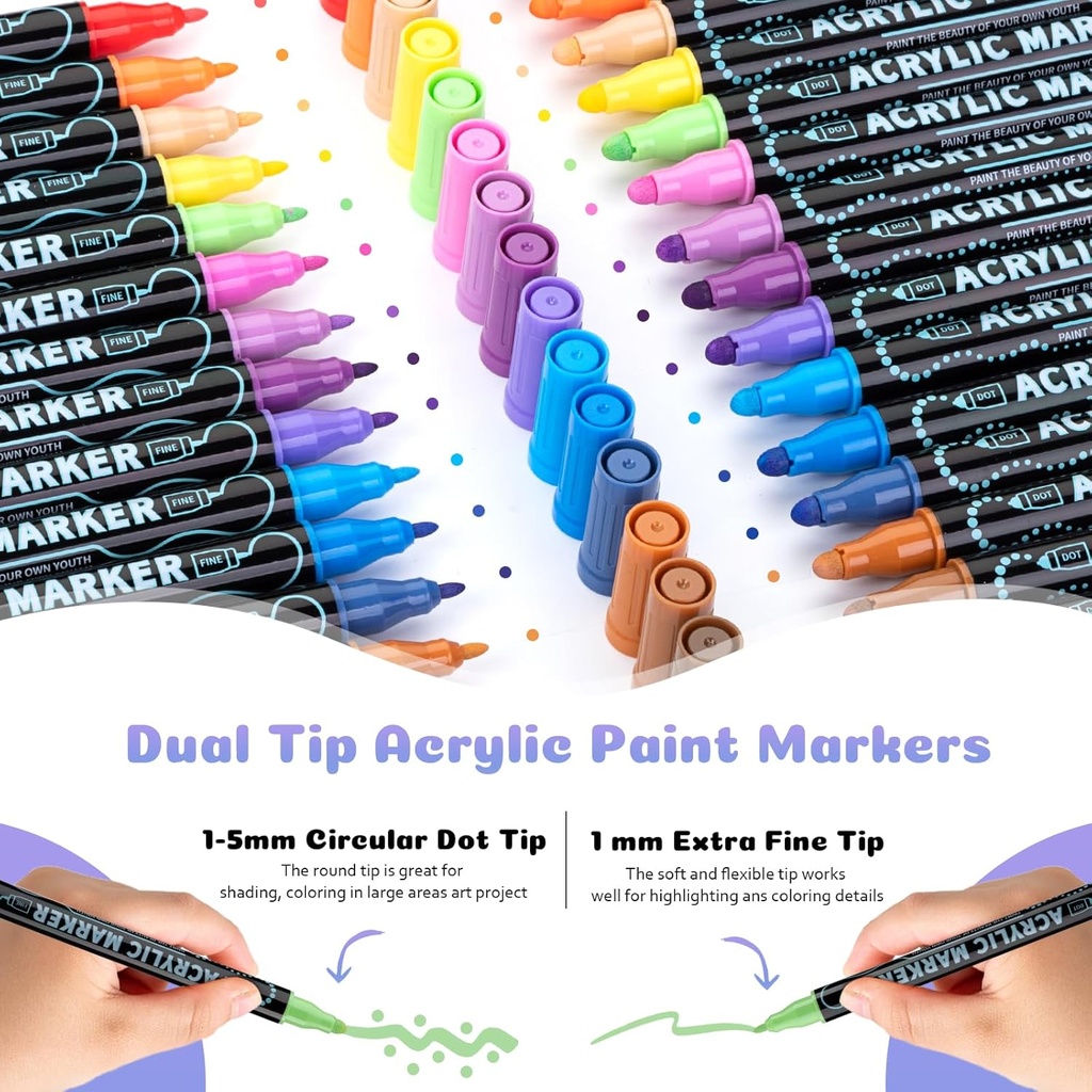 Mzh Art 60 Colors Dual Tip Premium Acrylic Paint Pens, Double Tip Markers for Wood, Rock,