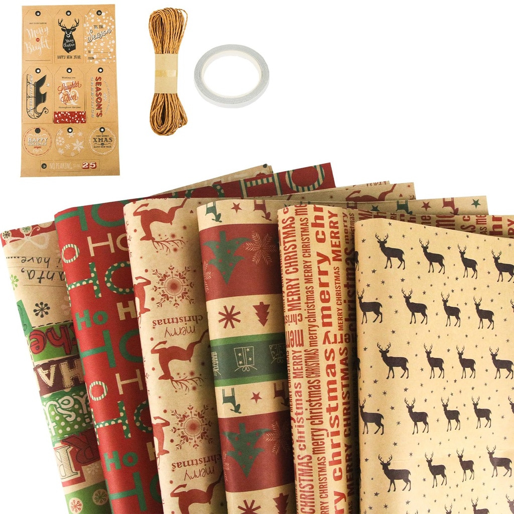 6PCS Christmas Tissue Paper Sheets Kraft Wrapping Paper Xmas Gift Tags with Ribbon for Xmas
