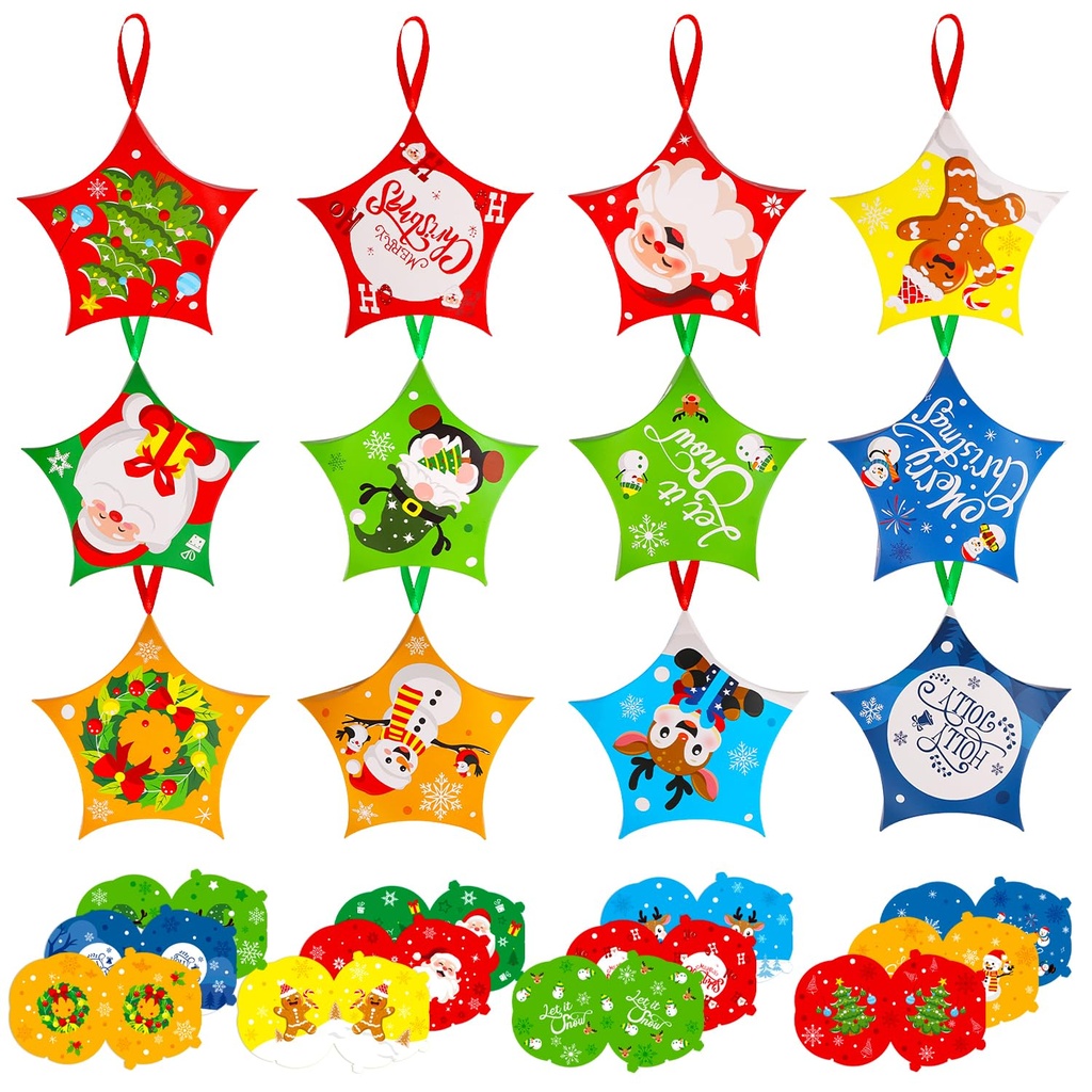 LOMIMOS Christmas Star Candy Boxes, 24Pcs Pentagram Christmas Candy Boxes with 30Pcs Ribbon