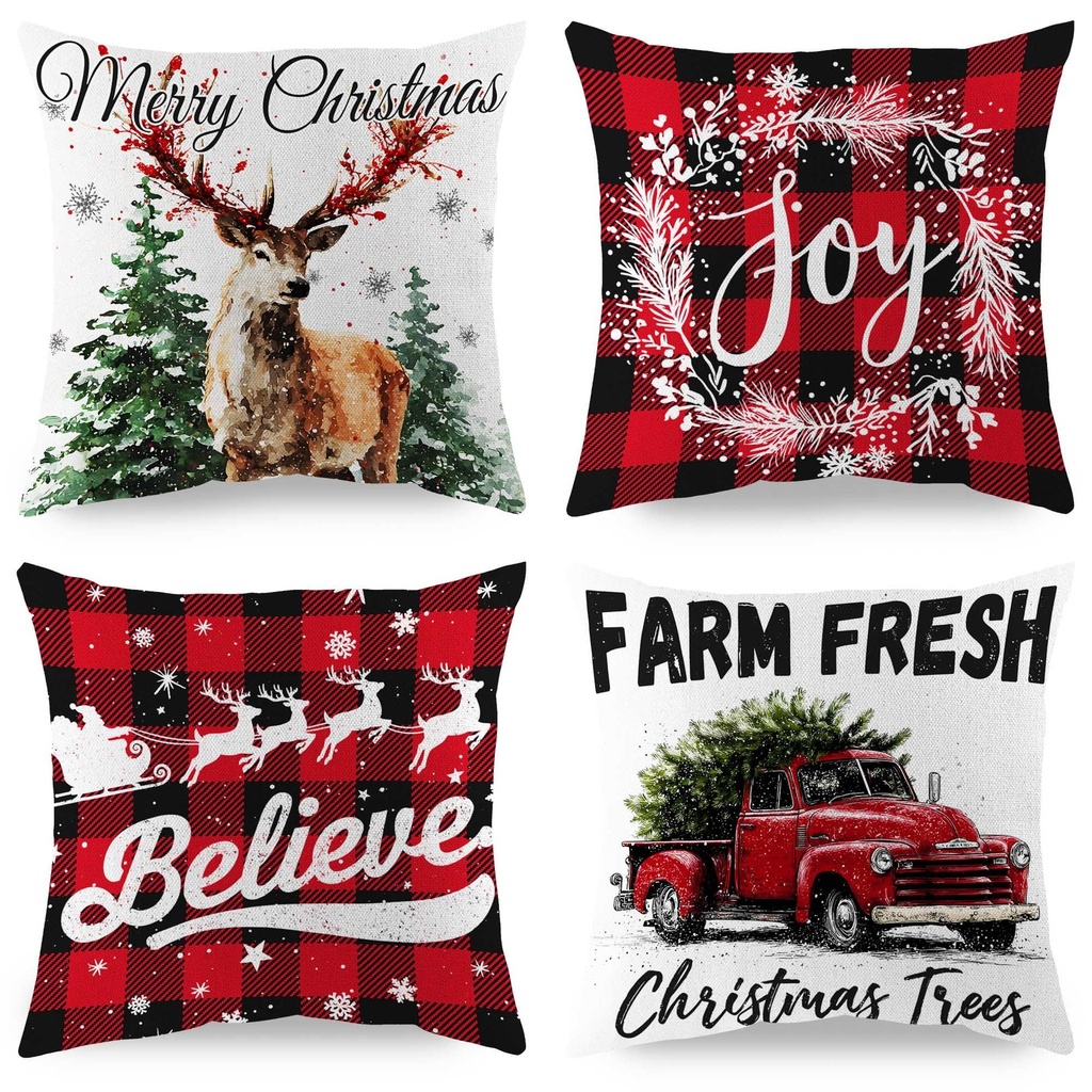 PUYTG Christmas Pillow Covers 45x45cm, Set of 4 Vintage Style with Xmas Trees, Baubles and
