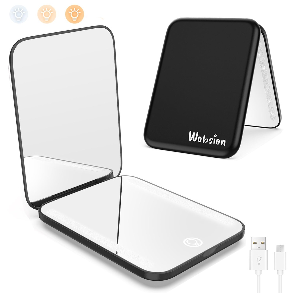 WOBSION Travel Makeup Mirror with Light, Dimmable Compact Mirror for Pocket, Small Mirrors