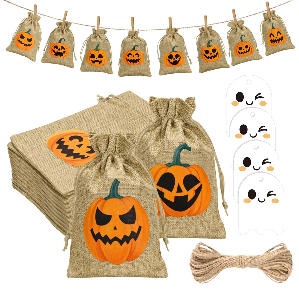 G2PLUS Halloween Burlap Gift Bags: 13x18cm Treat Bags with Drawstring, 24PCS Hessian Pouche