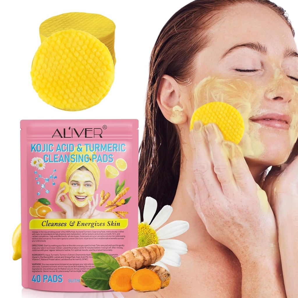 Turmeric & Kojic Acid Cleansing Pads - Infused Cotton Exfoliating Pads for Face, Helps Bala