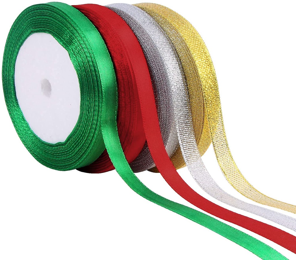 4 Rolls Satin Ribbon Set, 10mm x 22 Metres, Gold, Red, Green, Silver for Organza,