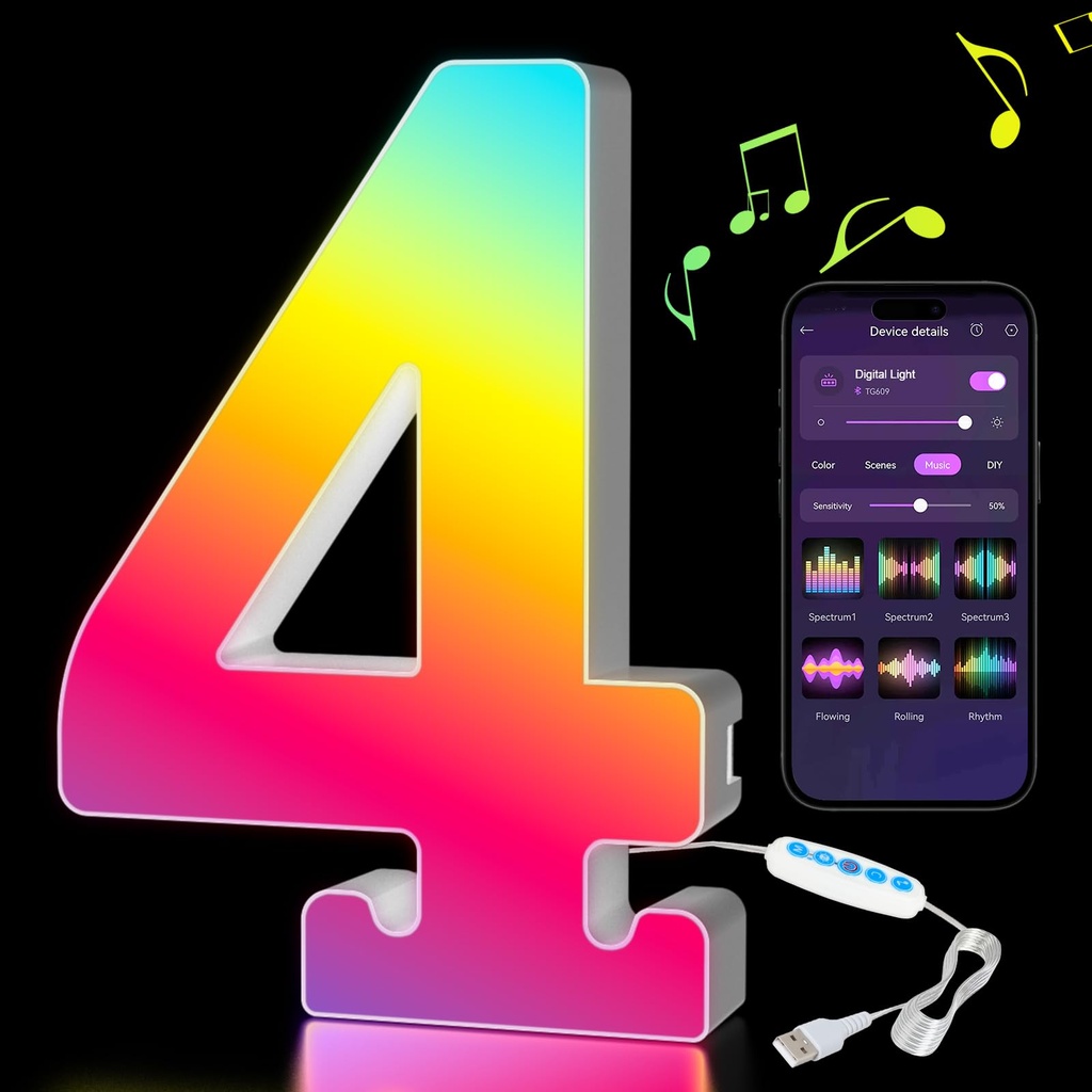 Kangtaixin LED Number Lights RGB Color Changing, Light Up Marquee Number 4