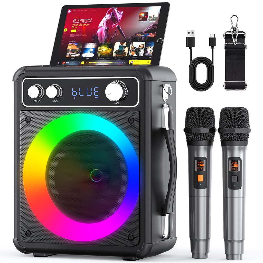 Ankuka Karaoke Machine, Portable Bluetooth Speaker with 2 Wireless Microphones, Effects Si