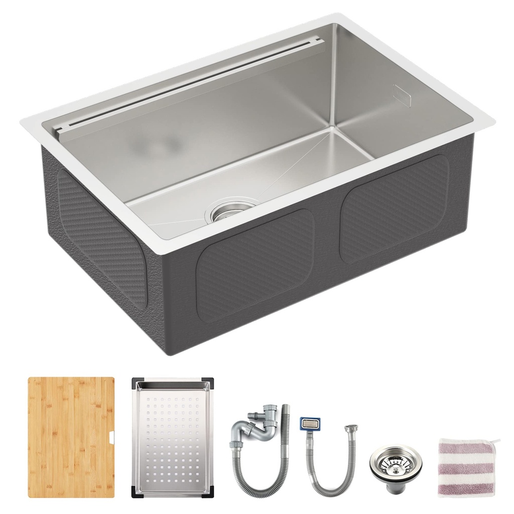 TORVA Undermount Single Bowl Workstation Sink with Chopping Board and Drainer, 1.2mm Gunmet