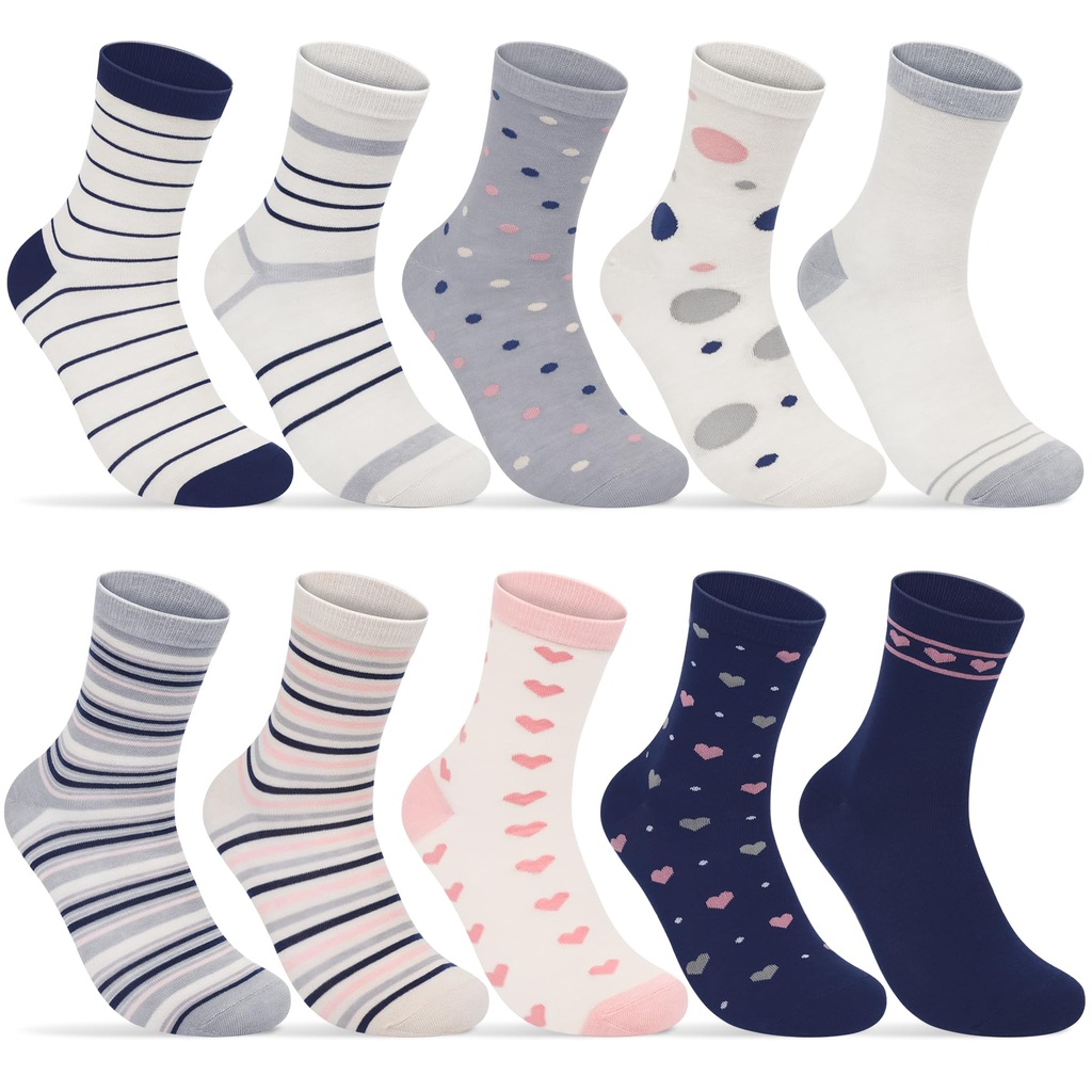 Softcozy 10 Pairs Women's Crew Socks with Multi Stripe Dot and Heart Patterns, Soft and Bre