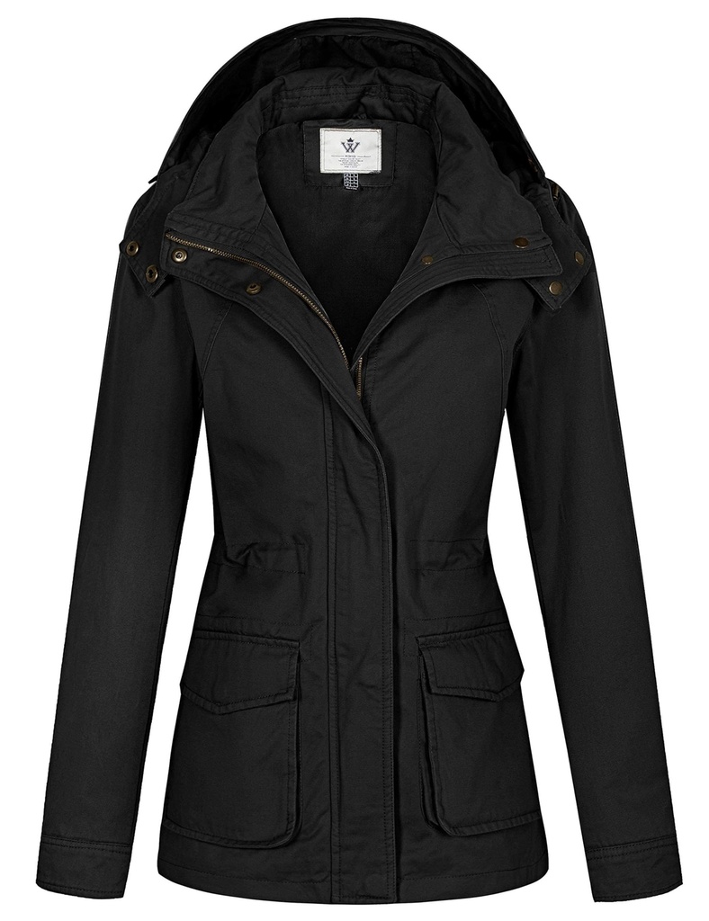 WenVen Women's Outdoor Hooded Windbreaker Jacket Autumn Casual Cotton Coat Ladies Slim Fit Jacket Classic Full-Zip Black Large