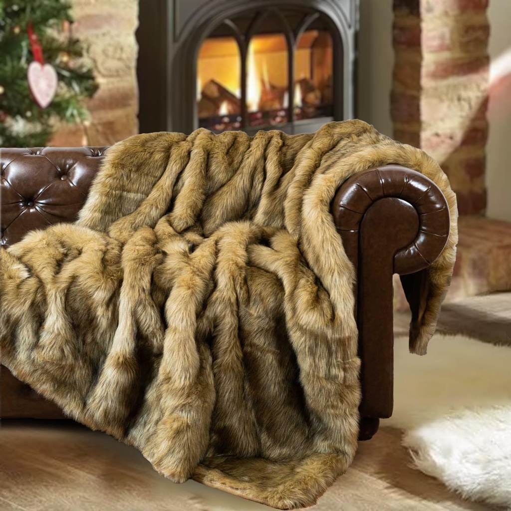 BATTILO HOME Faux Fur Throw Blanket Large Ochre 150x200cm Luxury Fuzzy Warm Cozy Fluffy Fur