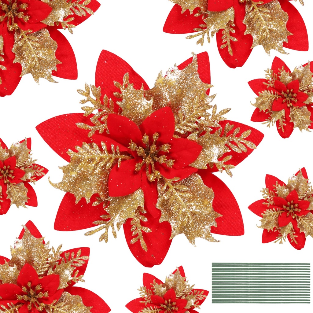 Herbbree 16Pcs Christmas Poinsettia Decorations,Glitter Artificial Flowers Christmas Tree O