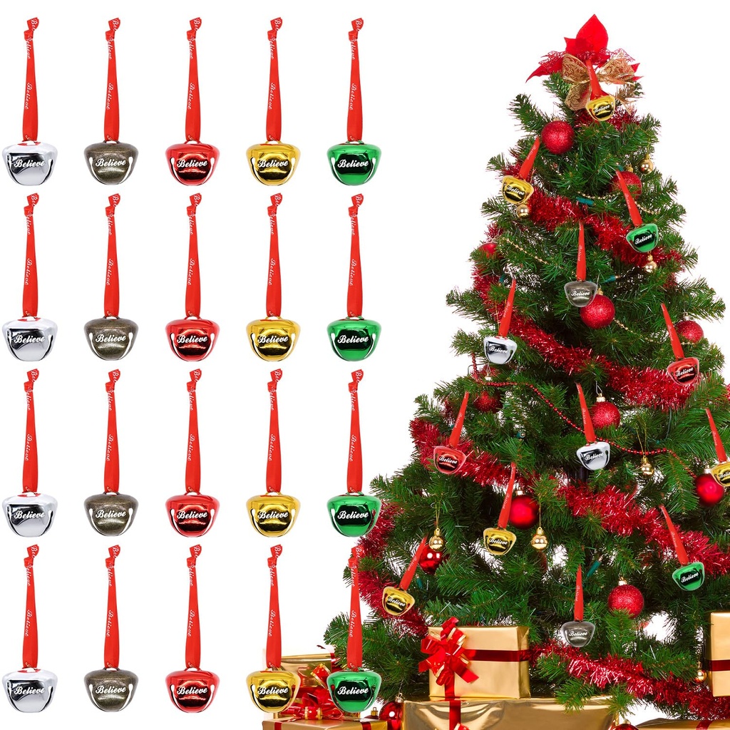 Christmas Bell, 20 Pcs Santa Sleigh Ribbon Bell Ornaments for Christmas Tree Decorations X