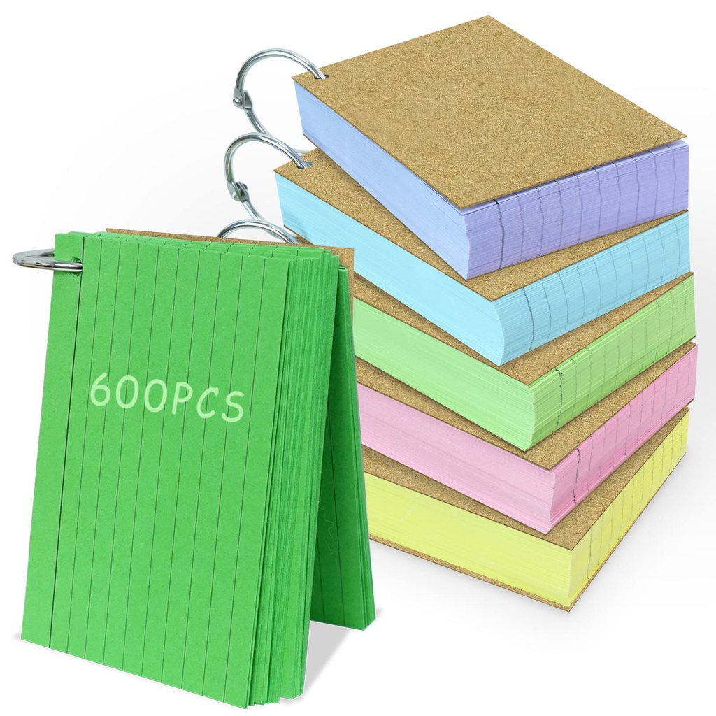 A7 Flash Card, 6 Pack 600 Pcs Revision Cards Index Cards Ruled Flashcards Multicolor Kraft