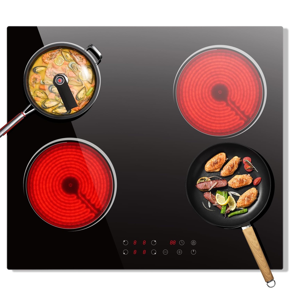 4 Zone Electric Hob, Nefaracy 60cm Ceramic Hob 6000W, Built-in Electric Ceramic Hob with To