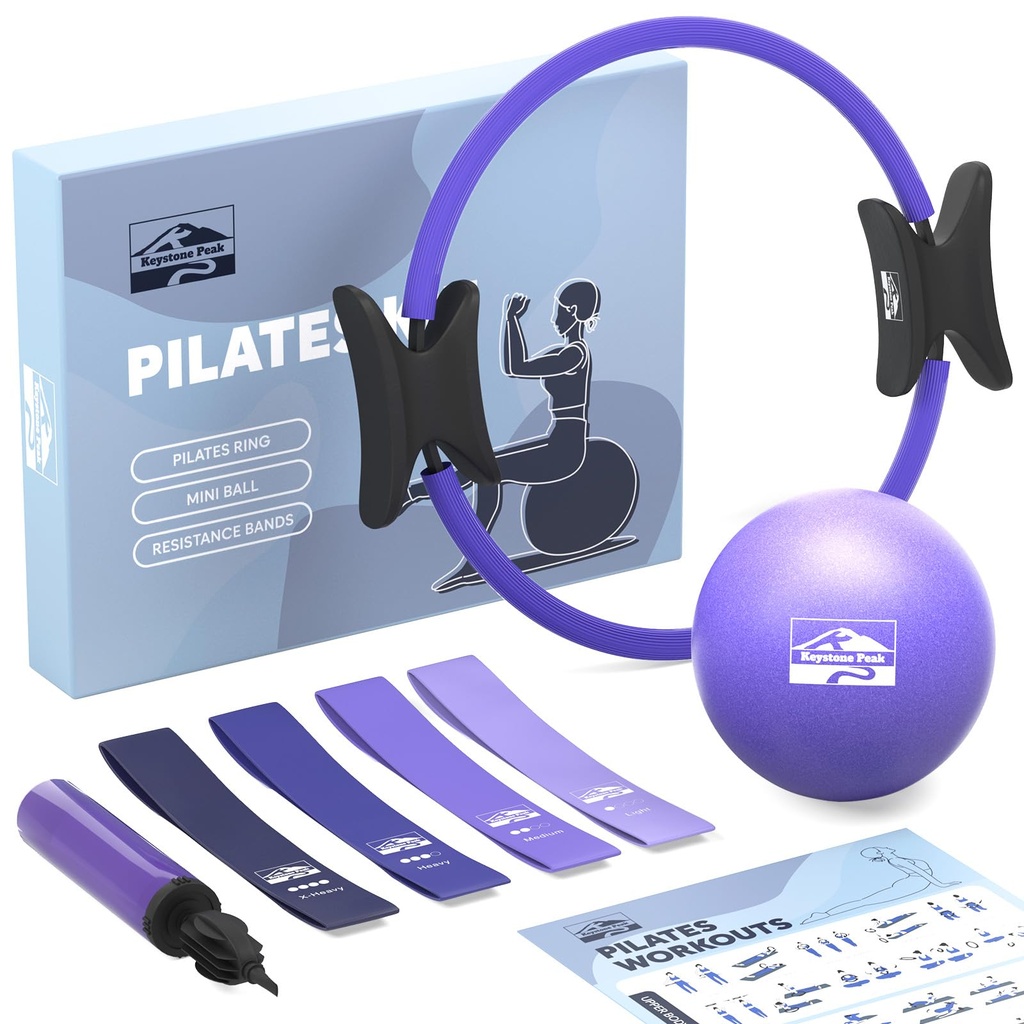 Pilates Ring and Ball Set with 14" Exercise Ring, Mini Ball, 4 Resistance Bands, Workout Po
