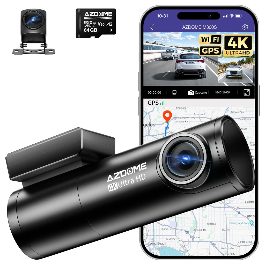 AZDOME 4K Dash Cam Front and Rear, WiFi GPS, Dual Car Camera, Mini Dashcam for Cars with 64