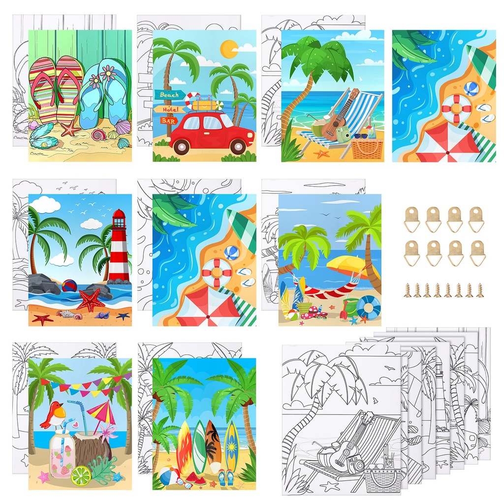 Dulov Pre Drawn Canvas Painting Kit for Painting 20x25cm, 8 Pack Summer Beach Canvas Paint