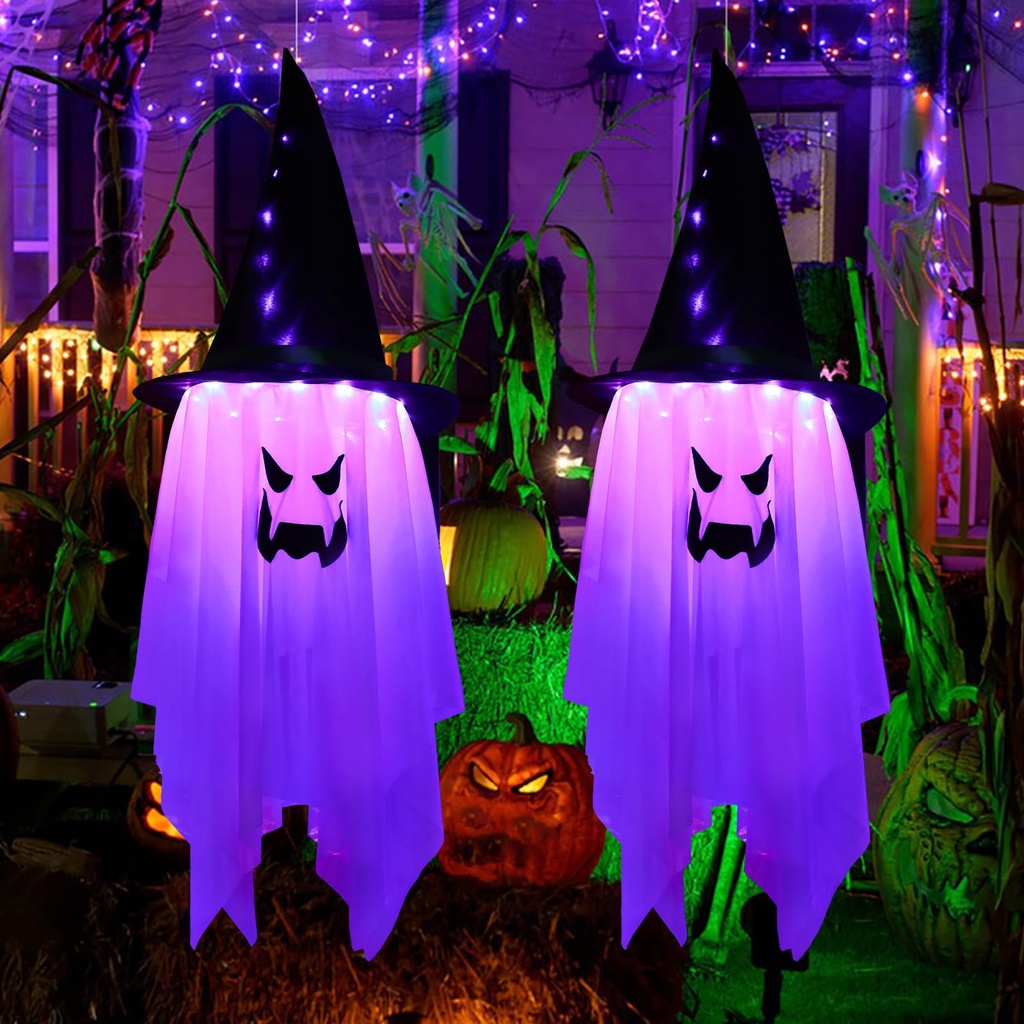 Halloween Hanging Ghost Decorations- 2pcs Glowing Ghost Hat Halloween Hanging LED Decor Wit