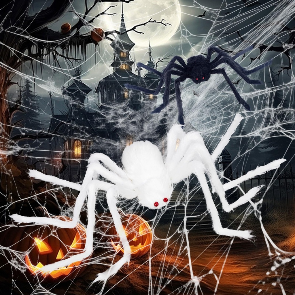 ZSYIULIA 2Pcs Halloween Decorations White and Black Spider 50''and 30'' Giant Spider Decor